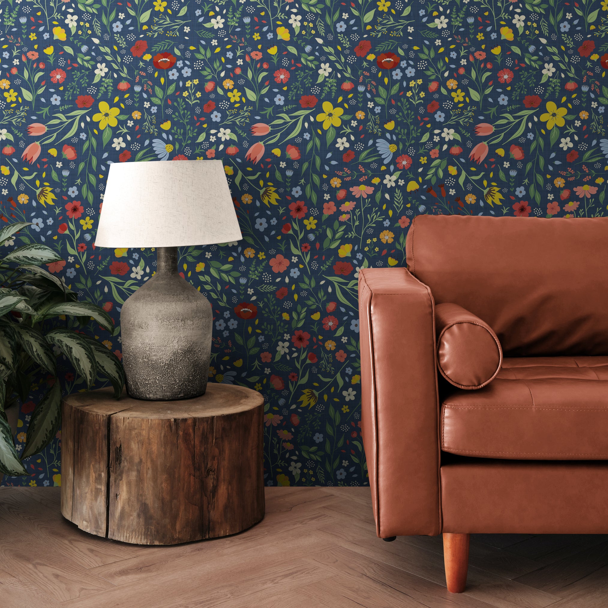 GP5010 Folk Florals Wallpaper Panels in Multi-Color Blue