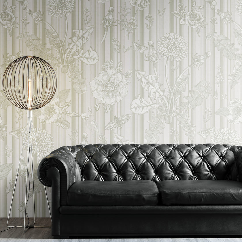 GE5071 Vintage Stripe Botanical Endless Murals Gray Off White