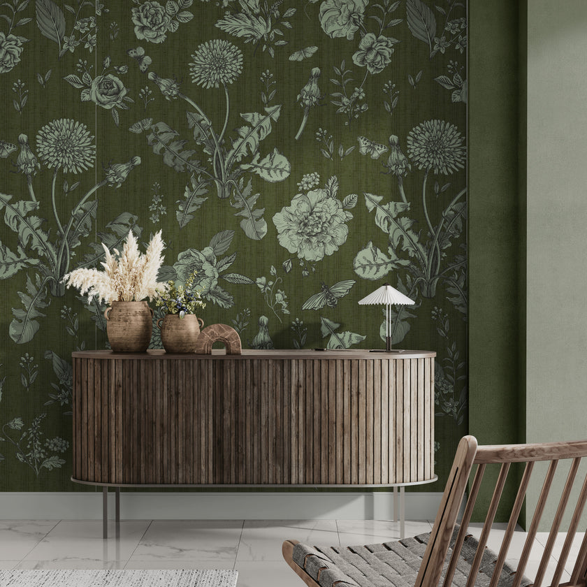 GE5074 Vintage Stripe Botanical Endless Murals Soft Teal Blue Gray