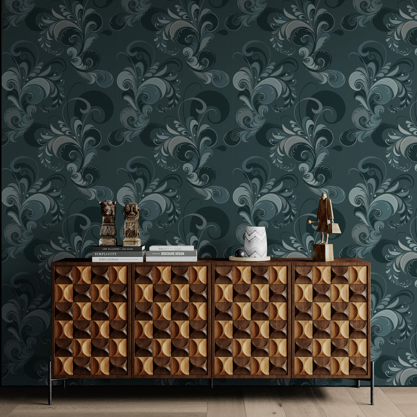 GDM0022 Marina Makaron Designs Paisley in Teal Wallpaper Panel 26 inch Wide x 6ft, 9ft, and 12ft Long