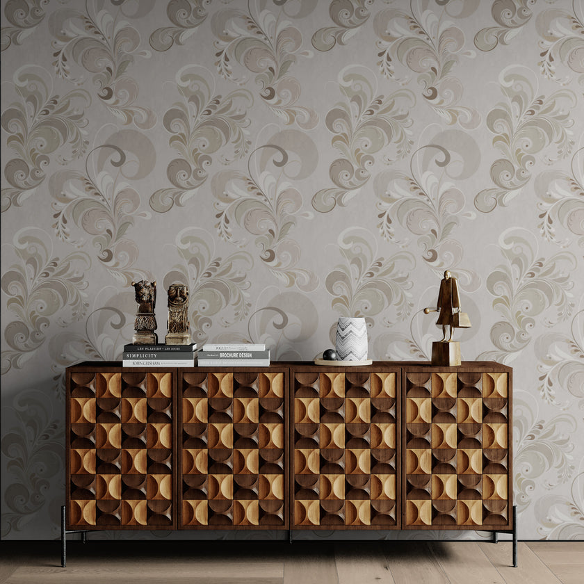 GDM0023 Marina Makaron Designs Paisley in Beige Gray Soft Pink Wallpaper Panel 26 inch Wide x 6ft, 9ft, and 12ft Long