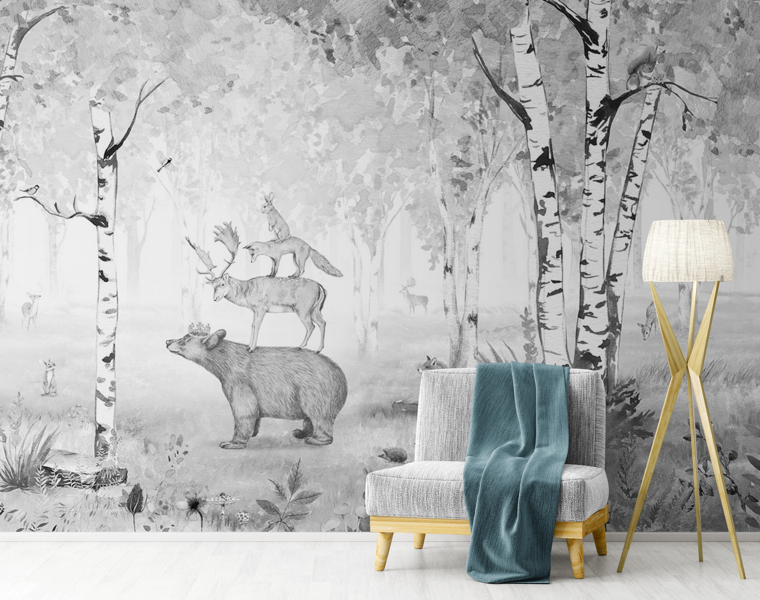 GDSE3020 Bear King Wallpaper Mural Premium Peel and Stick Material 26in Wide x 9 ft. Black White Gray