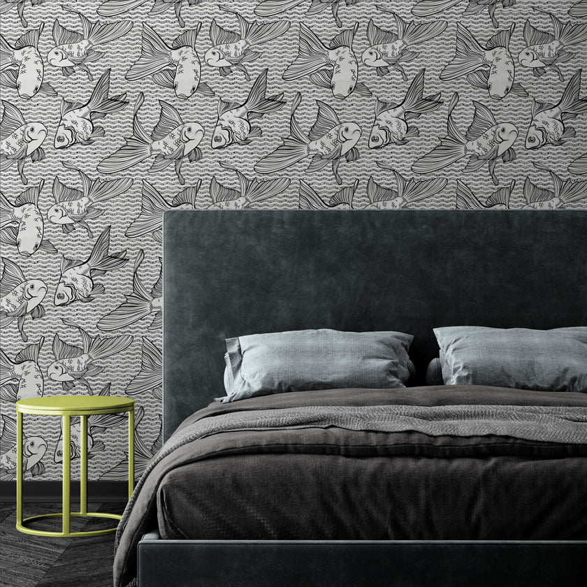 GP3033 Goldfish on Silver Premium Peel and Stick Wallpaper Panel 6 Ft High x 26 Wide in Black Silver