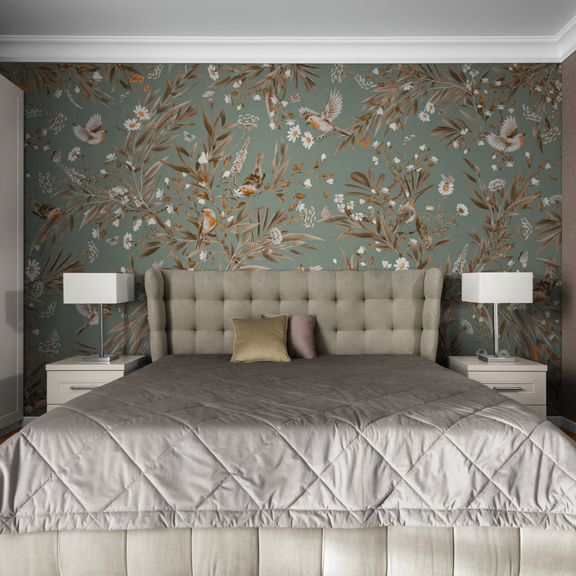 GDSE3180 Playful Robin Wallpaper Premium Peel and Stick Material 26in Wide x 6ft, 9 ft, 12ft, Vintage Green