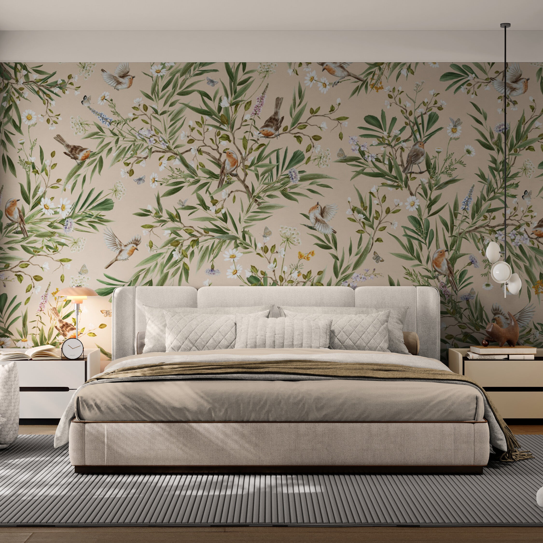 GDSE3170 Playful Robin Wallpaper Premium Peel and Stick Material 26in Wide x 6ft, 9 ft, 12ft, Beige