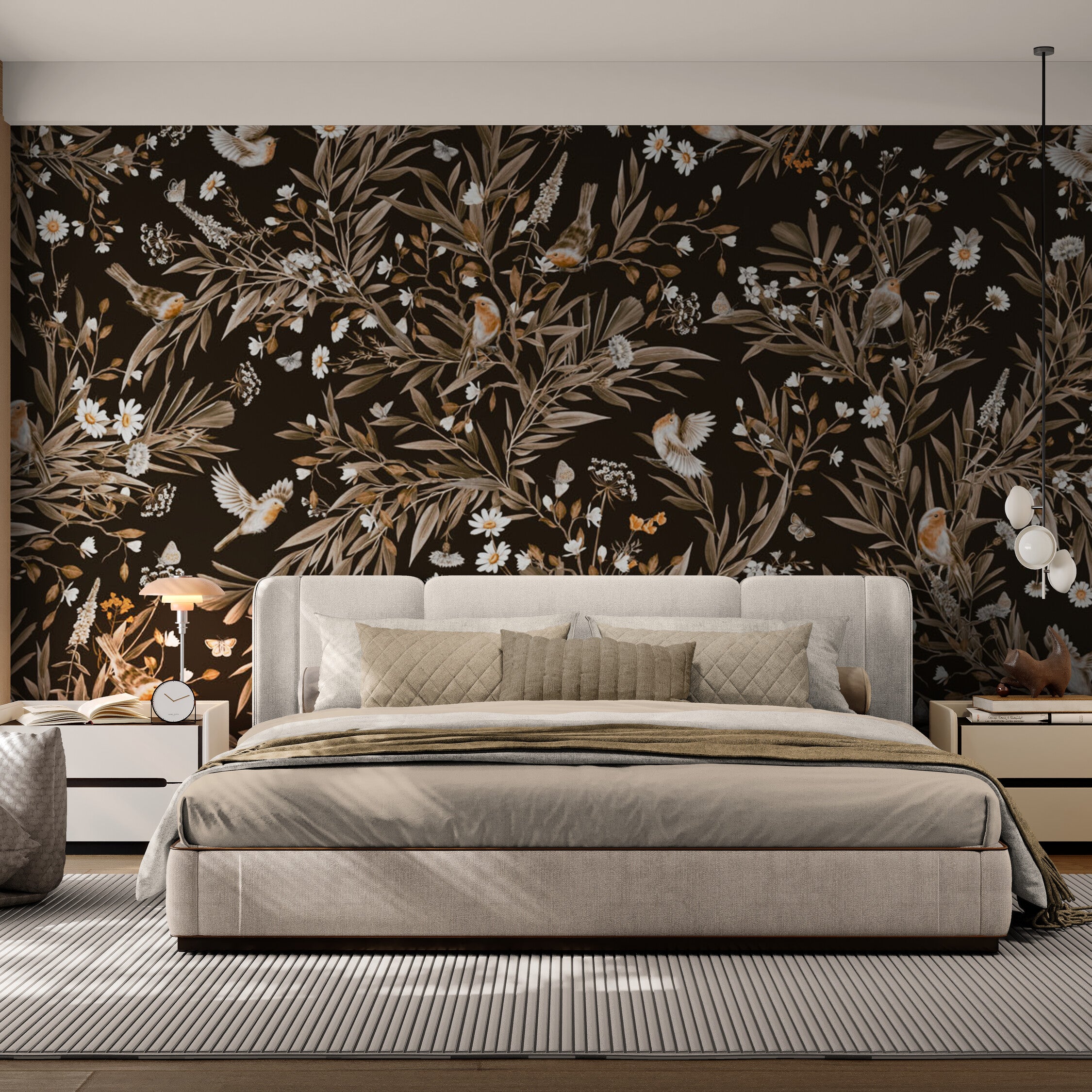 GDSE3170 Playful Robin Wallpaper Premium Peel and Stick Material 26in Wide x 6ft, 9 ft, 12ft, Beige