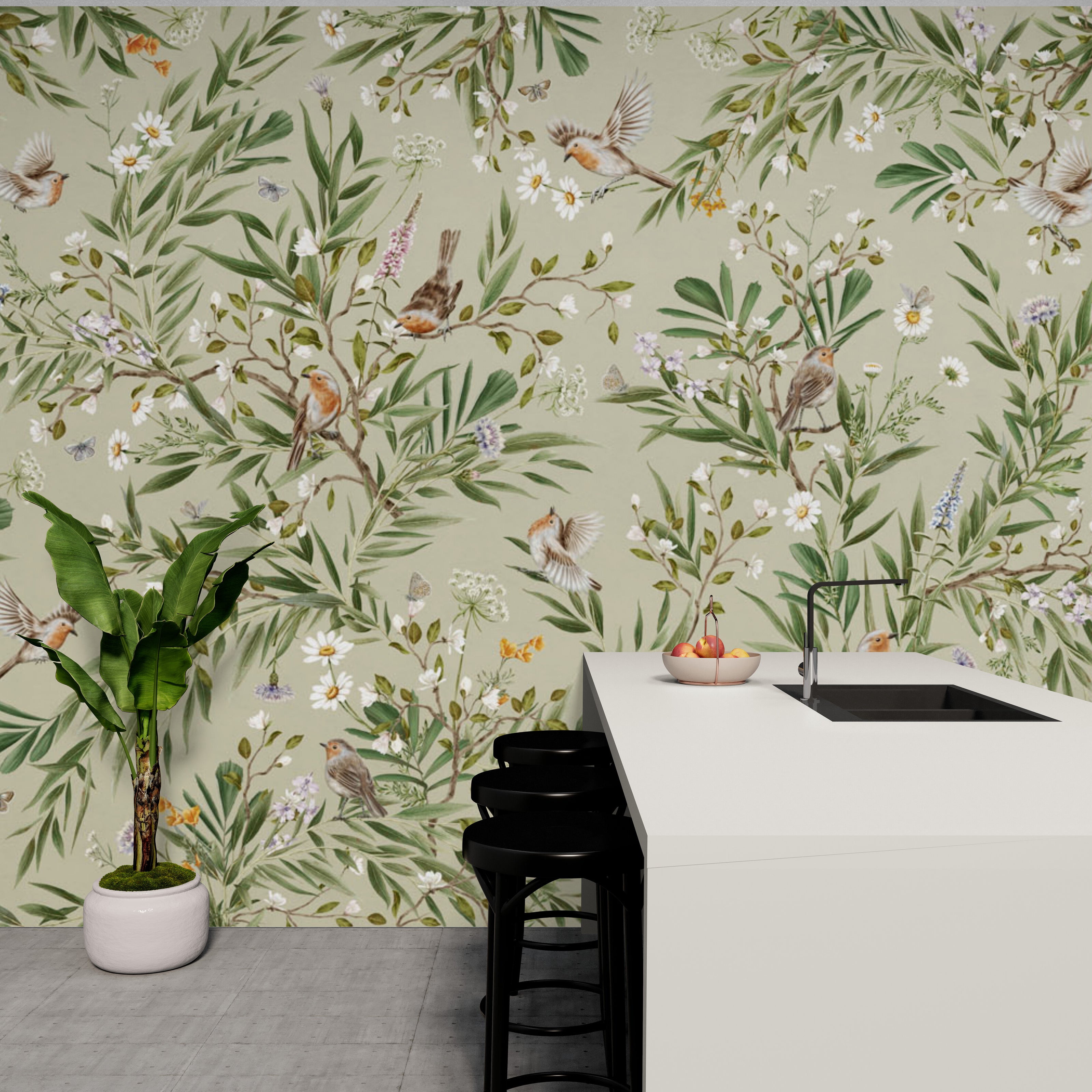 GDSE3178 Playful Robin Wallpaper Premium Peel and Stick Material 26in Wide x 6ft, 9 ft, 12ft, Black Brown