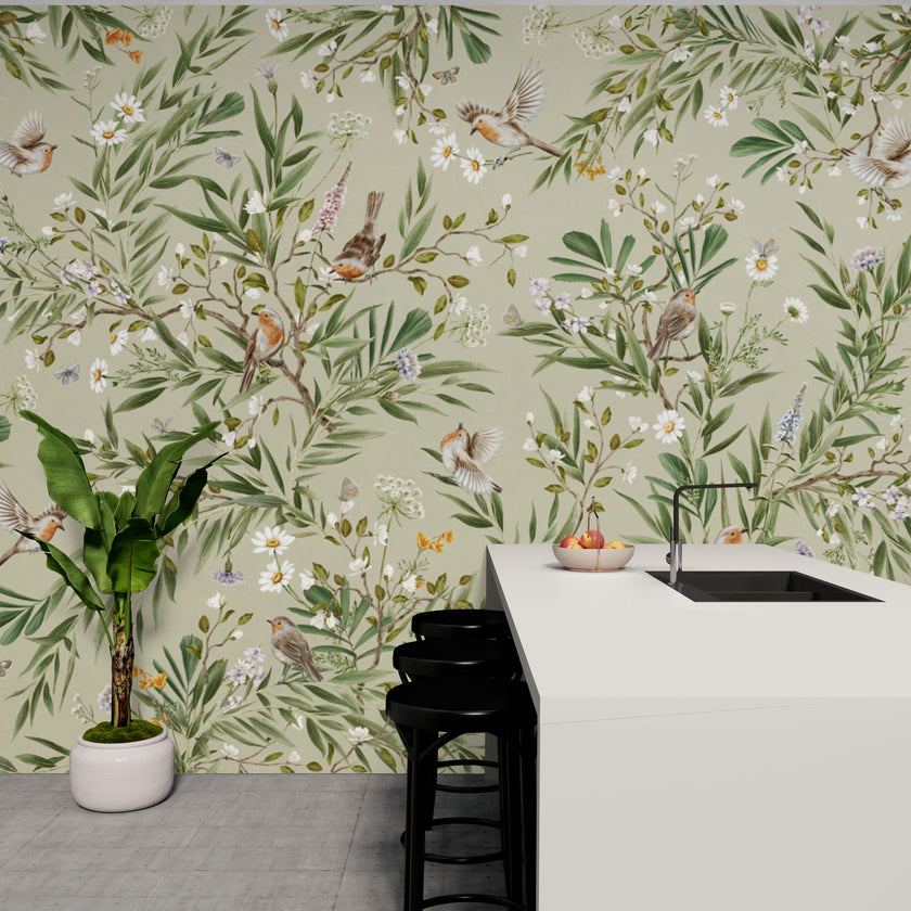GDSE3178 Playful Robin Wallpaper Premium Peel and Stick Material 26in Wide x 6ft, 9 ft, 12ft, Black Brown
