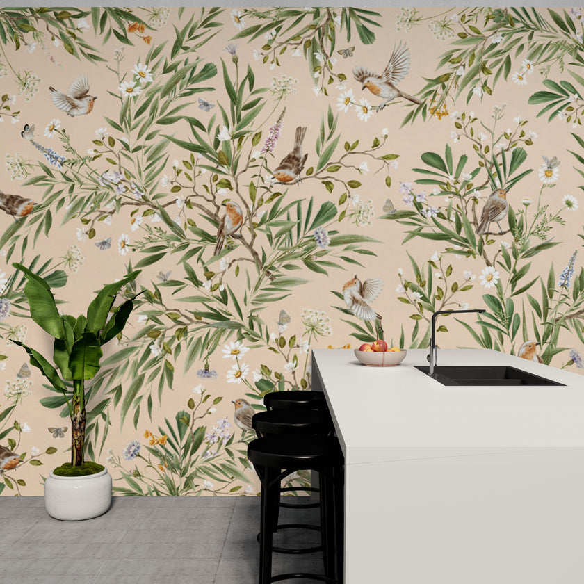 GDSE3170 Playful Robin Wallpaper Premium Peel and Stick Material 26in Wide x 6ft, 9 ft, 12ft, Beige