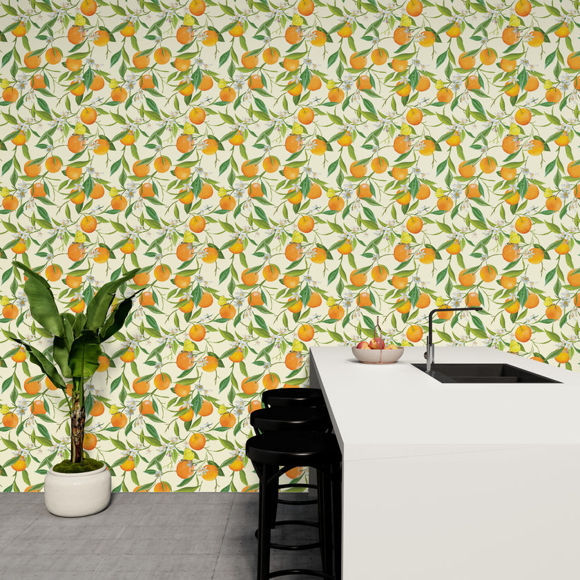 GW5071 Orange Blossoms Peel and Stick Wallpaper Roll 19 inch Wide x 18 ft. Long, Orange Green Yellow