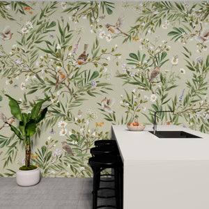 GDSE3171 Playful Robin Wallpaper Premium Peel and Stick Material 26in Wide x 6ft, 9 ft, 12ft, Green