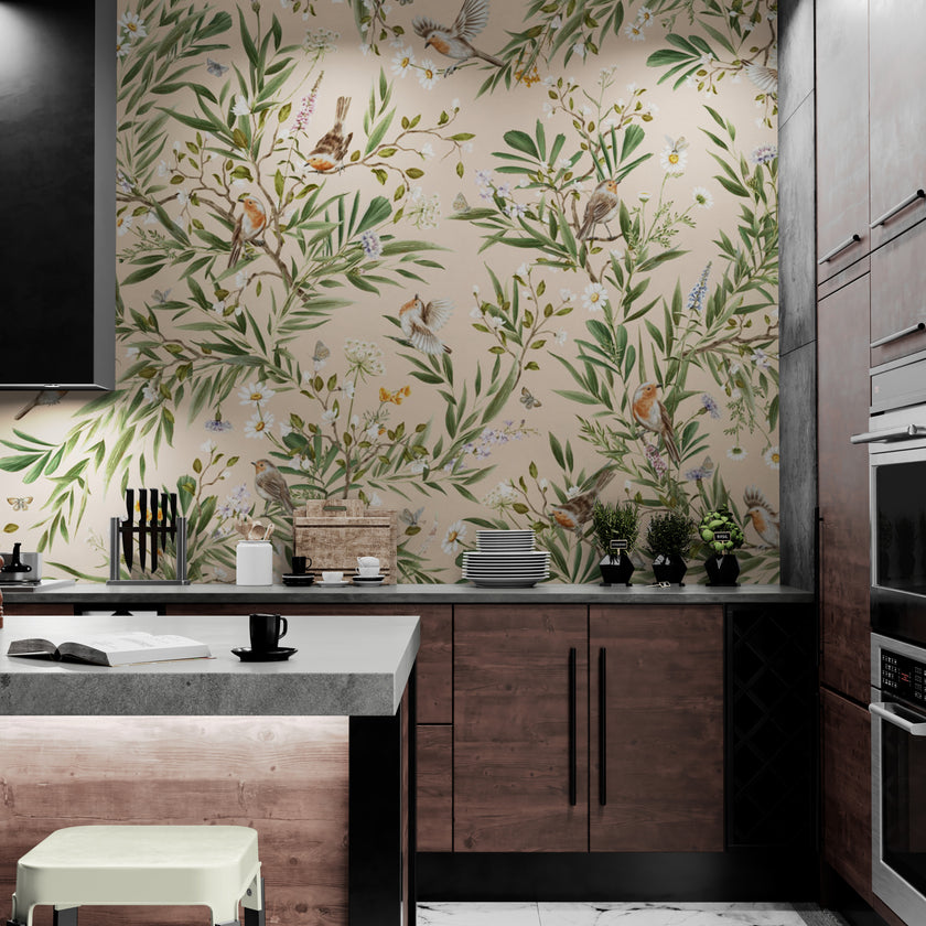 GDSE3170 Playful Robin Wallpaper Premium Peel and Stick Material 26in Wide x 6ft, 9 ft, 12ft, Beige