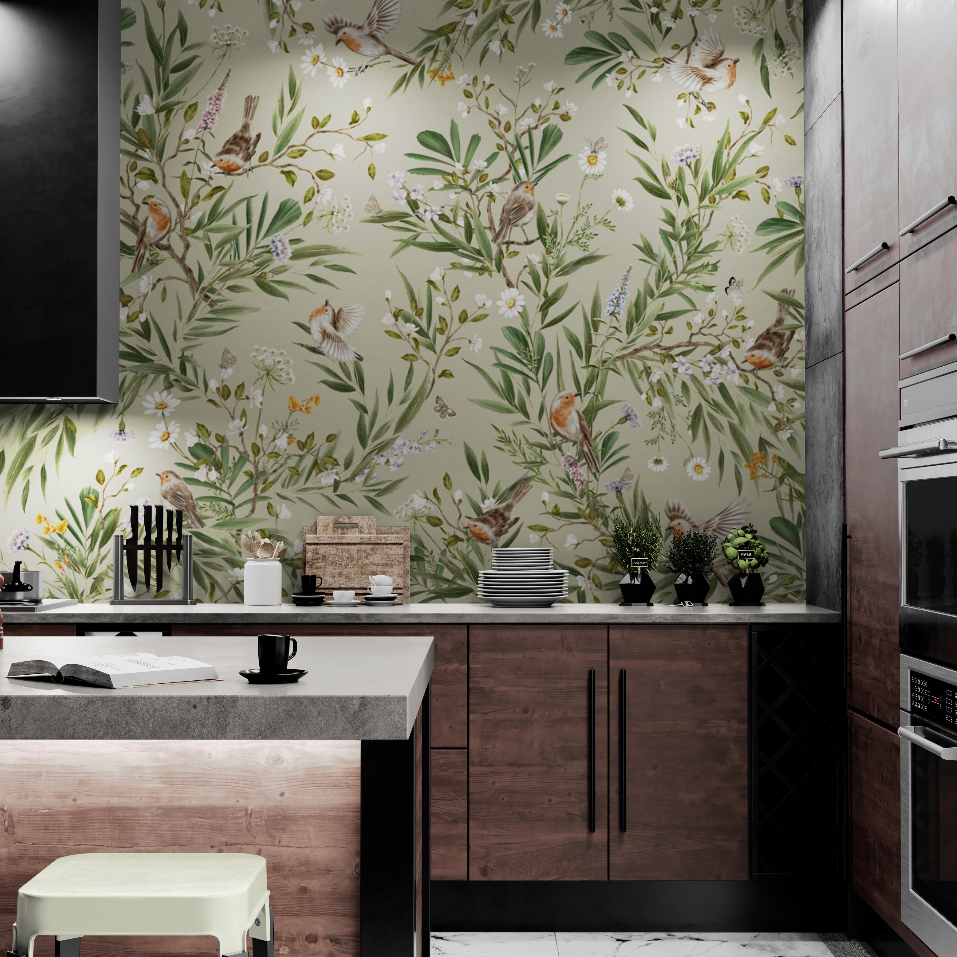 GDSE3171 Playful Robin Wallpaper Premium Peel and Stick Material 26in Wide x 6ft, 9 ft, 12ft, Green
