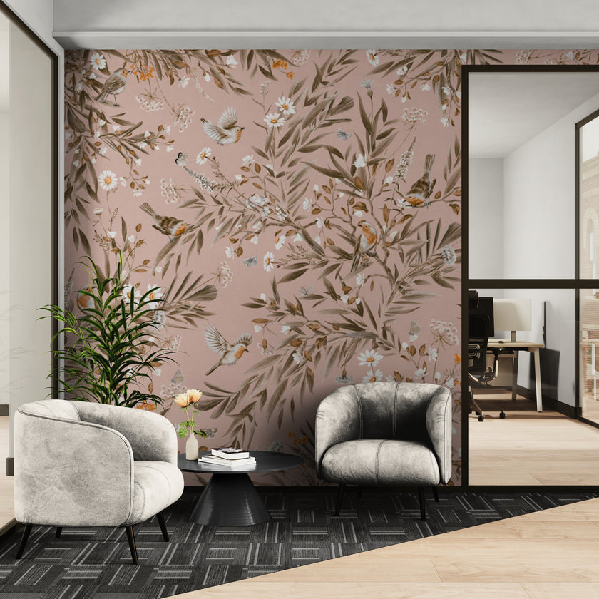 GDSE3175 Playful Robin Wallpaper Premium Peel and Stick Material 26in Wide x 6ft, 9 ft, 12ft, Vintage Pink