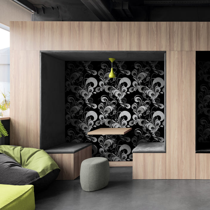 GDM0020 Marina Makaron Designs Paisley in Black Gray Off White Wallpaper Panel 26 inch Wide x 6ft, 9ft, and 12ft Long