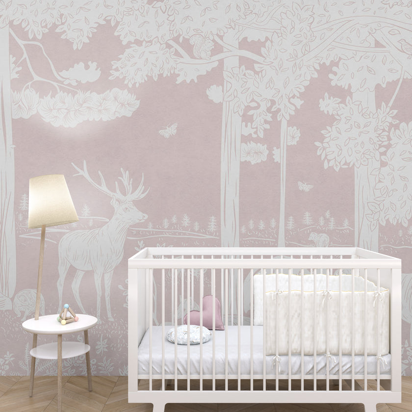 GDSE3089 Monochrome Forest Wallpaper Premium Peel and Stick Material 26in Wide x 9 ft. Pink