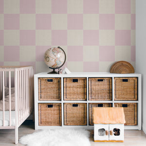 GW0203 Check Faux Grasscloth Plain Weave Texture Wallpaper Roll 19 inch Wide x 18 ft. Long in Pink White
