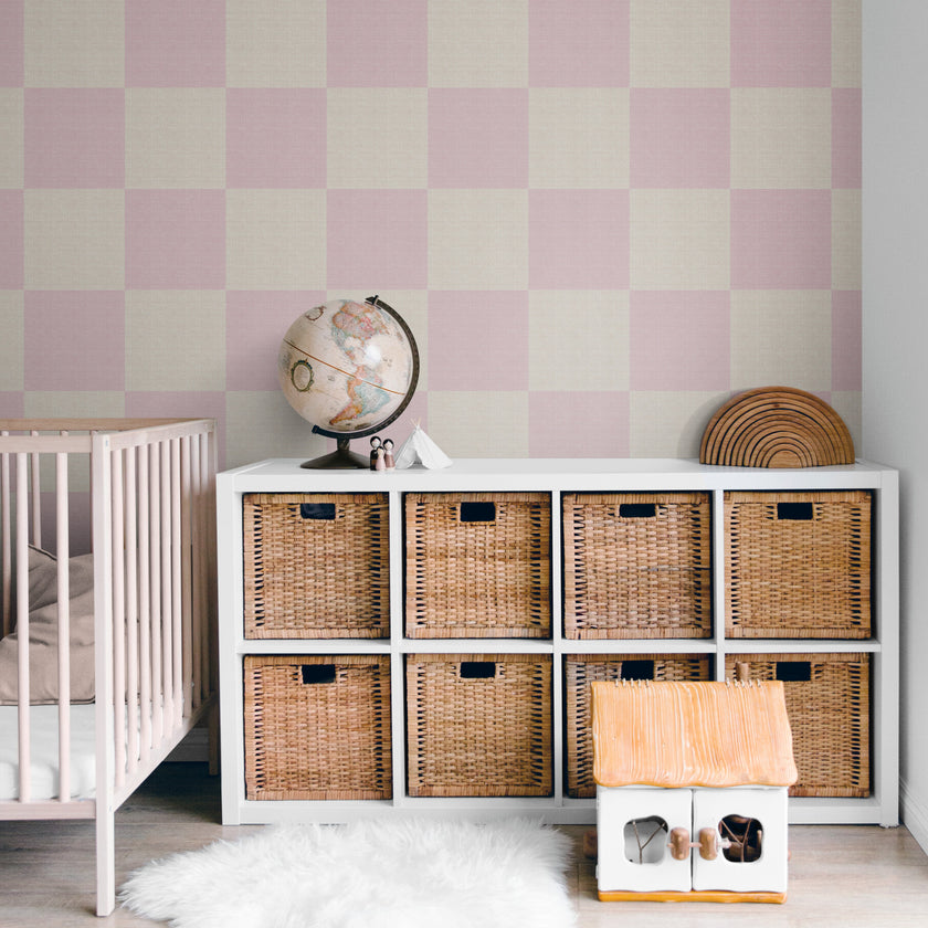GW0203 Check Faux Grasscloth Plain Weave Texture Wallpaper Roll 19 inch Wide x 18 ft. Long in Pink White