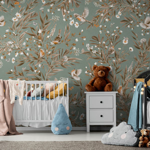 GDSE3180 Playful Robin Wallpaper Premium Peel and Stick Material 26in Wide x 6ft, 9 ft, 12ft, Vintage Green