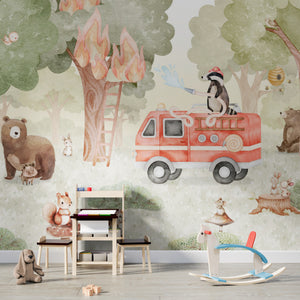 GDSE3590 Forest Fire Fighter Wallpaper Mural Premium Peel and Stick Material 26in Wide x 9 ft. Green