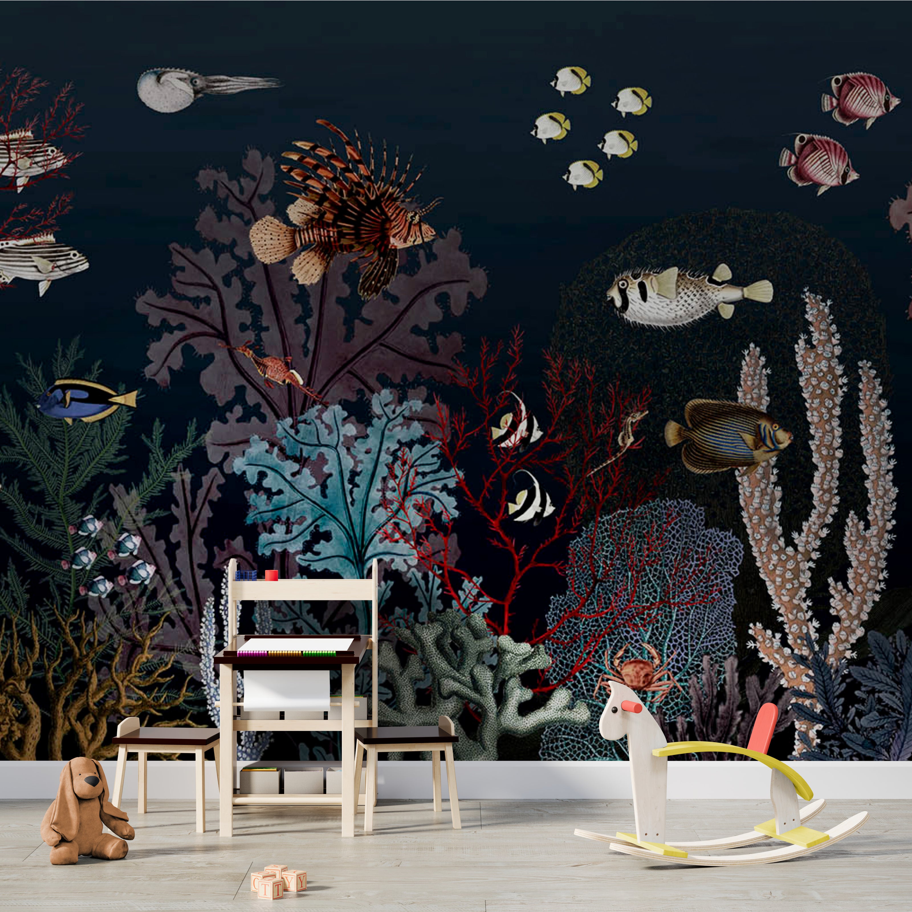 GDSE3130 Roaring Reef Wallpaper Premium Peel and Stick Material 26in Wide x 6ft, 9 ft, 12ft, Dark Blue