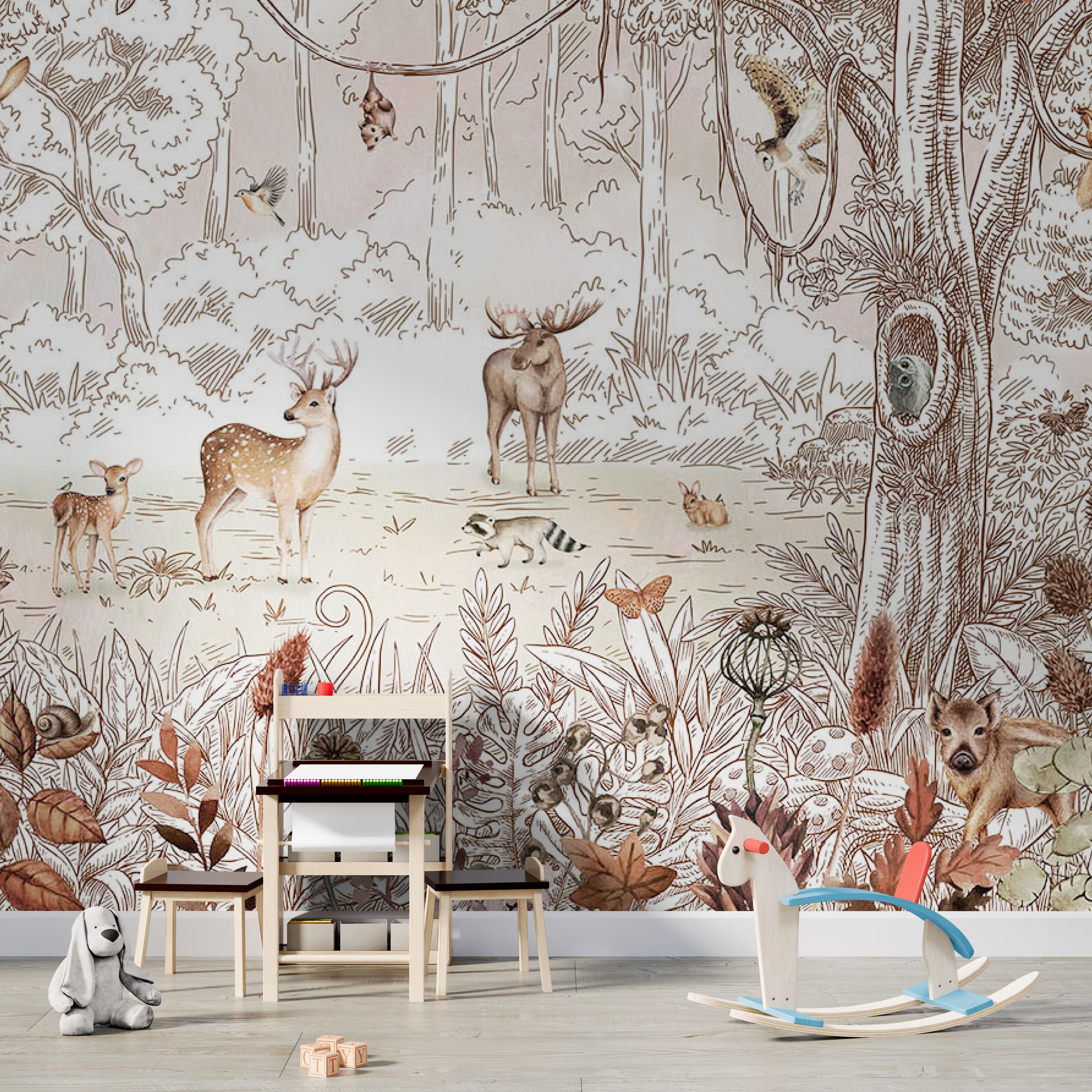 GDSE3050 Forest Friends Wallpaper Mural Premium Peel and Stick Material 26in Wide x 9 ft. White Brown