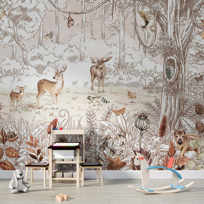 GDSE3050 Forest Friends Wallpaper Mural Premium Peel and Stick Material 26in Wide x 9 ft. White Brown