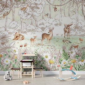 GDSE3051 Forest Friends Wallpaper Mural Premium Peel and Stick Material 26in Wide x 9 ft. Green White
