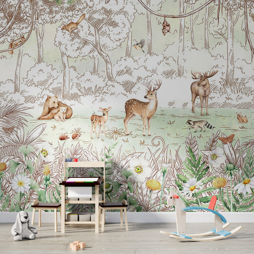 GDSE3051 Forest Friends Wallpaper Mural Premium Peel and Stick Material 26in Wide x 9 ft. Green White
