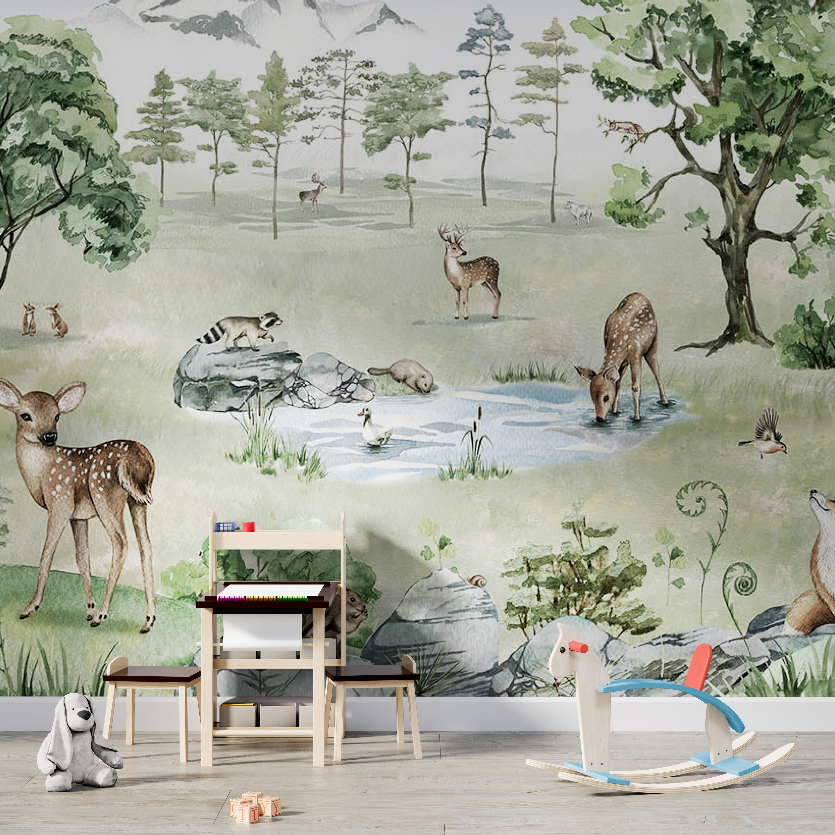 GDSE3041 Deer Forest Wallpaper Mural Premium Peel and Stick Material 26in Wide x 9 ft. Winter White