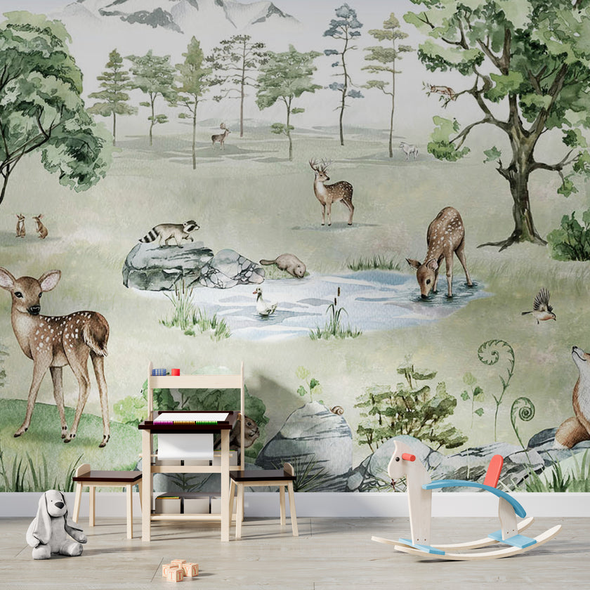 GDSE3041 Deer Forest Wallpaper Mural Premium Peel and Stick Material 26in Wide x 9 ft. Winter White