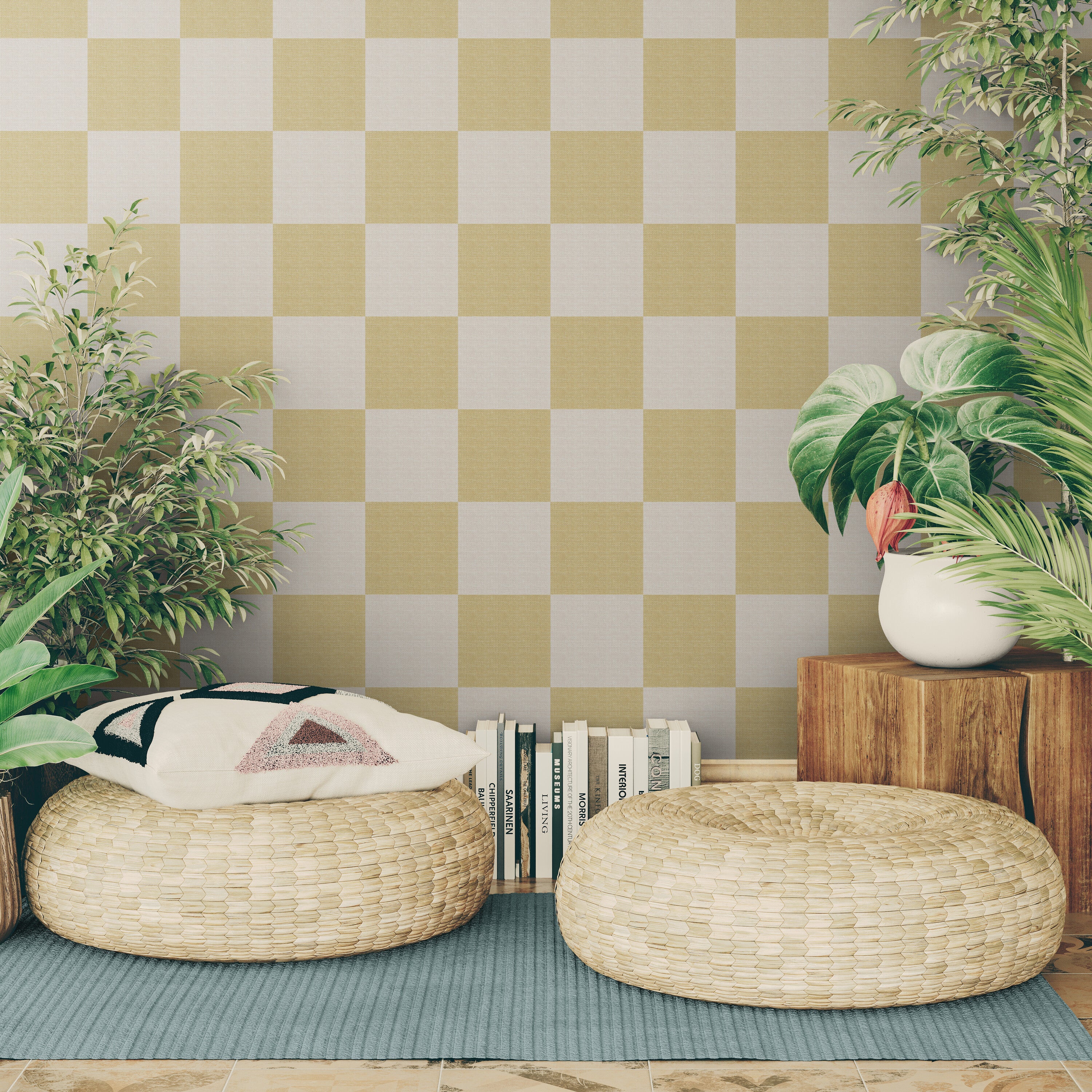 GW0201 Check Faux Grasscloth Plain weave Texture Wallpaper Roll 19 inch Wide x 18 ft. Long in White Tan