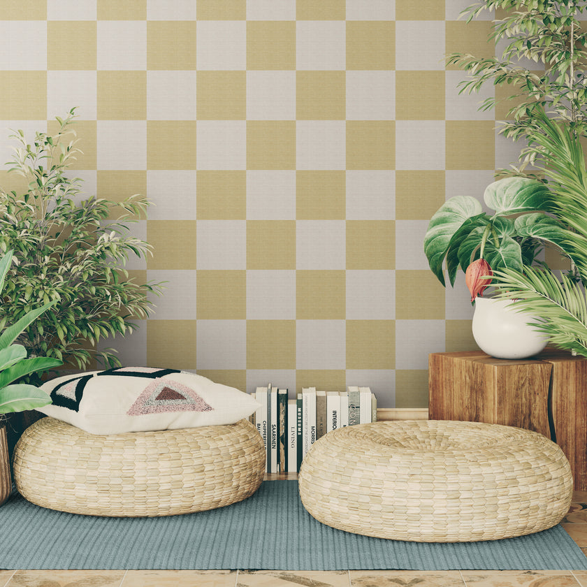 GW0201 Check Faux Grasscloth Plain weave Texture Wallpaper Roll 19 inch Wide x 18 ft. Long in White Tan