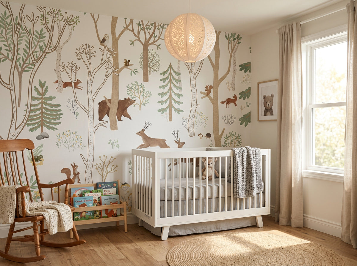 Frisky Forest Green Mural in nursery with crib
