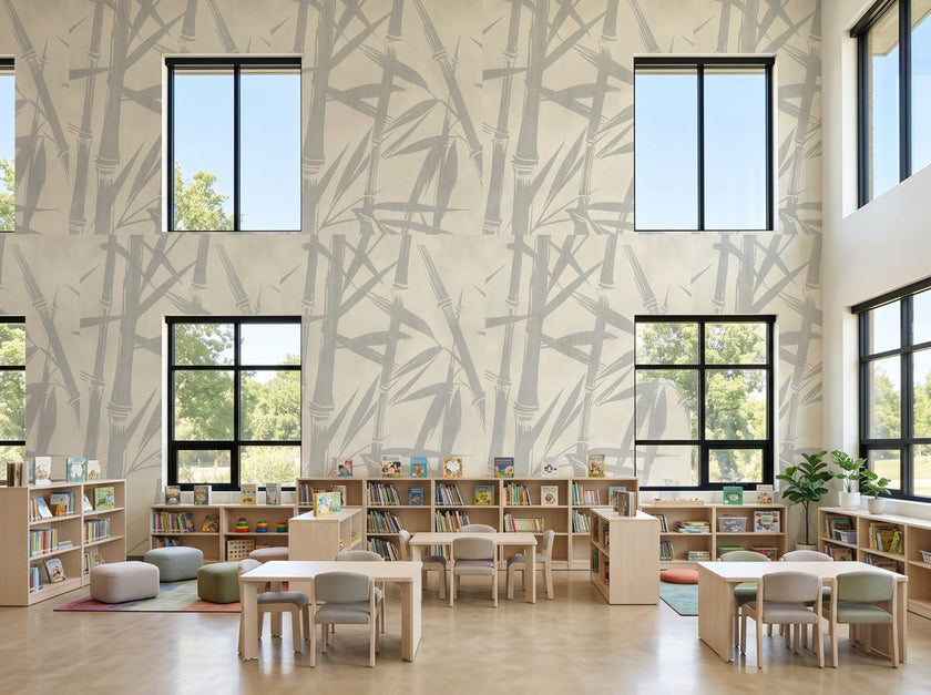 GE5102 Bamboo Serenity beige gray mural in a modern school library