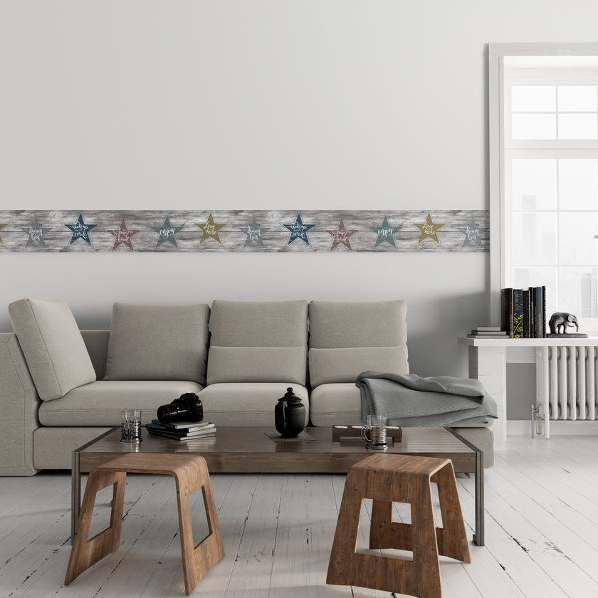 GB4031 Farmhouse Star Affirmation Distressed Wood Peel and Stick Wallpaper Border 10in or 8in Height x 15ft Long, Neutral Brown Gray Off White