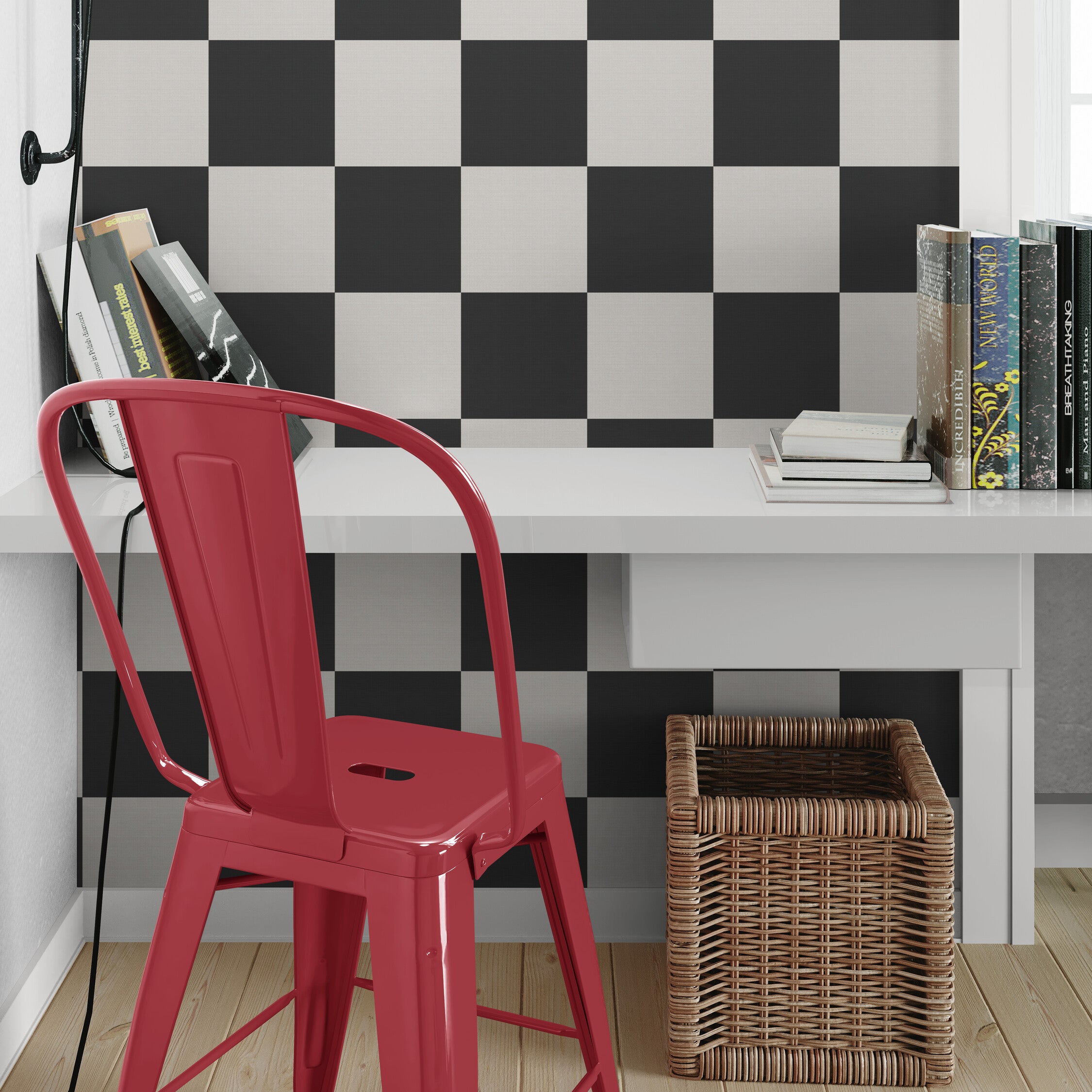 GW0200 Check Faux Grasscloth Plain weave Texture Wallpaper Roll 19 inch Wide x 18 ft. Long in Black White