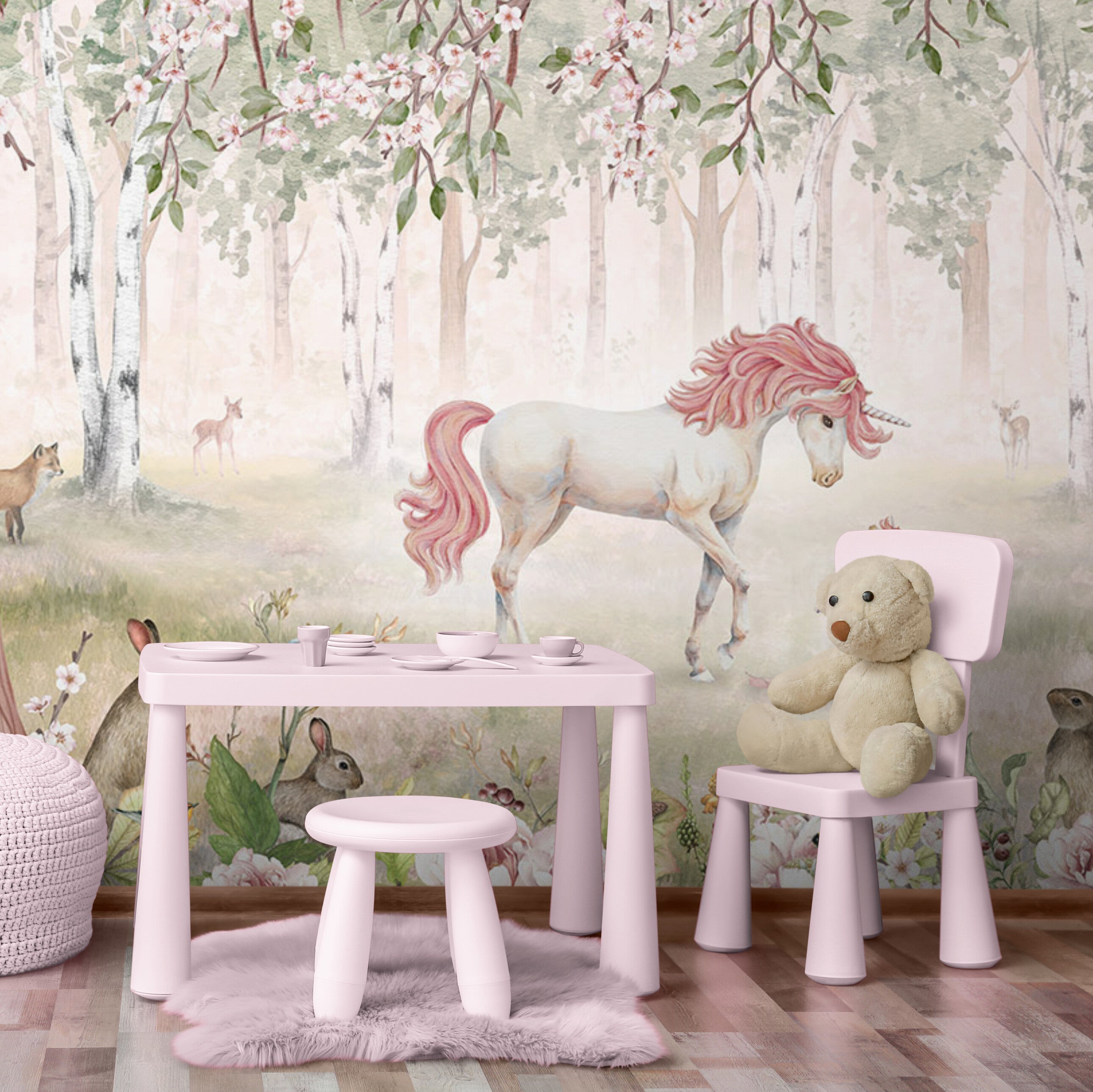 GDSE3120 Unicorn Forest Wallpaper Premium Peel and Stick Material 26in Wide x 6ft, 9 ft, 12ft, Pink Green