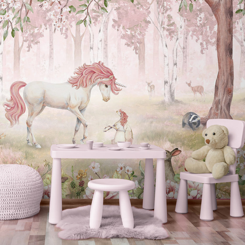 GDSE3121 Unicorn Forest Wallpaper Premium Peel and Stick Material 26in Wide x 6ft, 9 ft, 12ft, Pink Pink