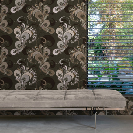 Marina Makaron Paisley Wallpaper Panel in Black Gray Off White