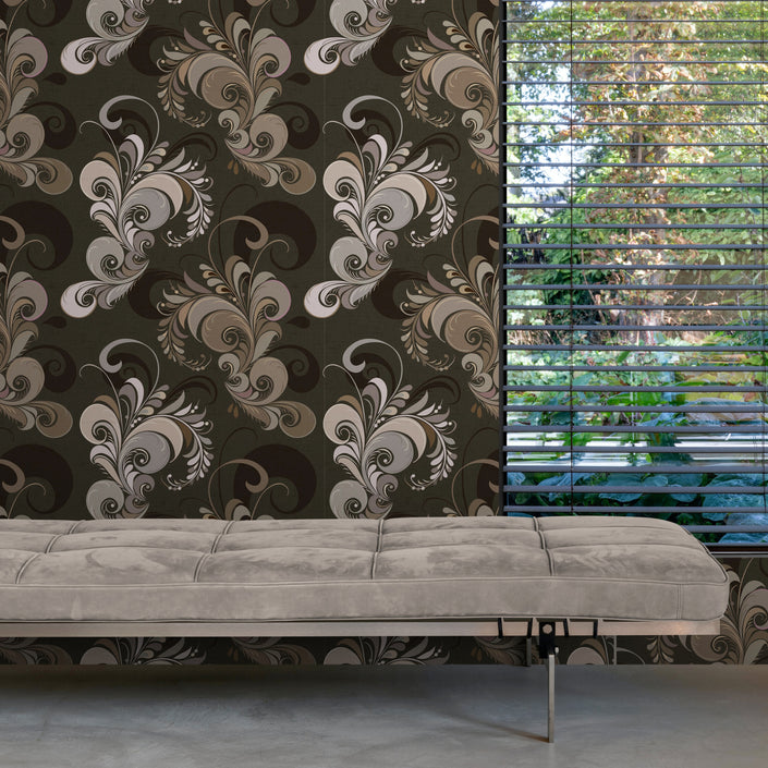 GDM0020 Marina Makaron Designs Paisley in Black Gray Off White Wallpaper Panel 26 inch Wide x 6ft, 9ft, and 12ft Long