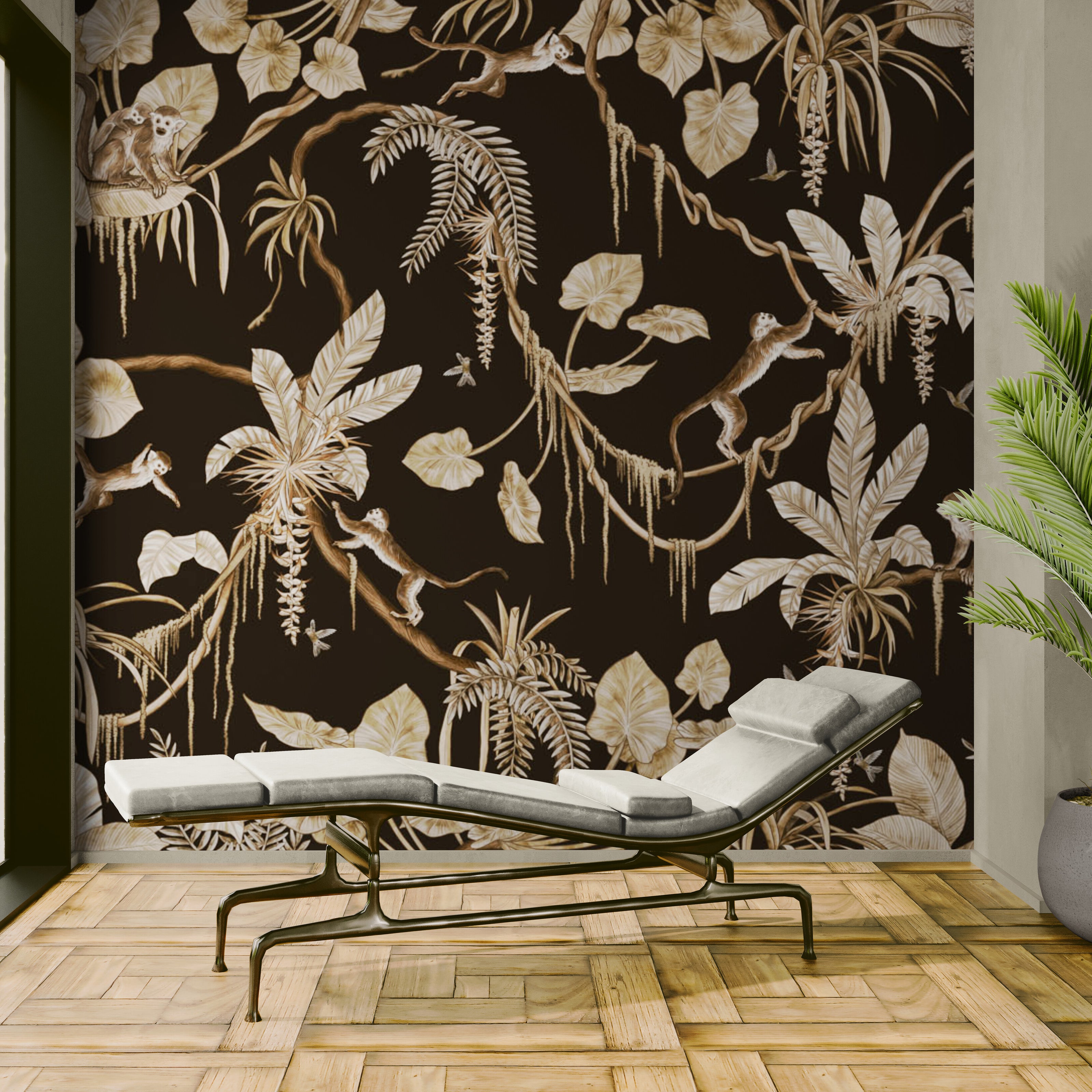 GDSE3158 Playful Monkey Wallpaper Premium Peel and Stick Material 26in Wide x 6ft, 9 ft, 12ft, Vintage Black