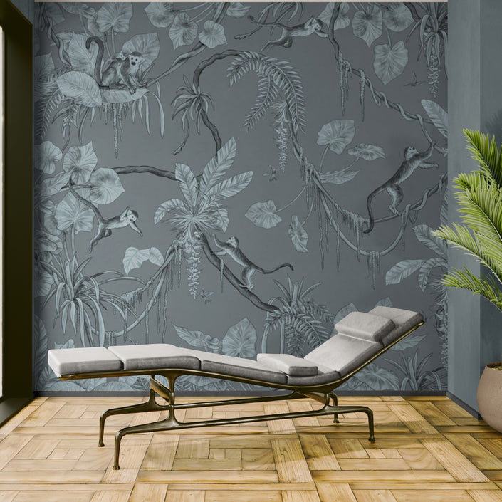 GDSE3153 Playful Monkey Wallpaper Premium Peel and Stick Material 26in Wide x 6ft, 9 ft, 12ft, Monochrome Blue