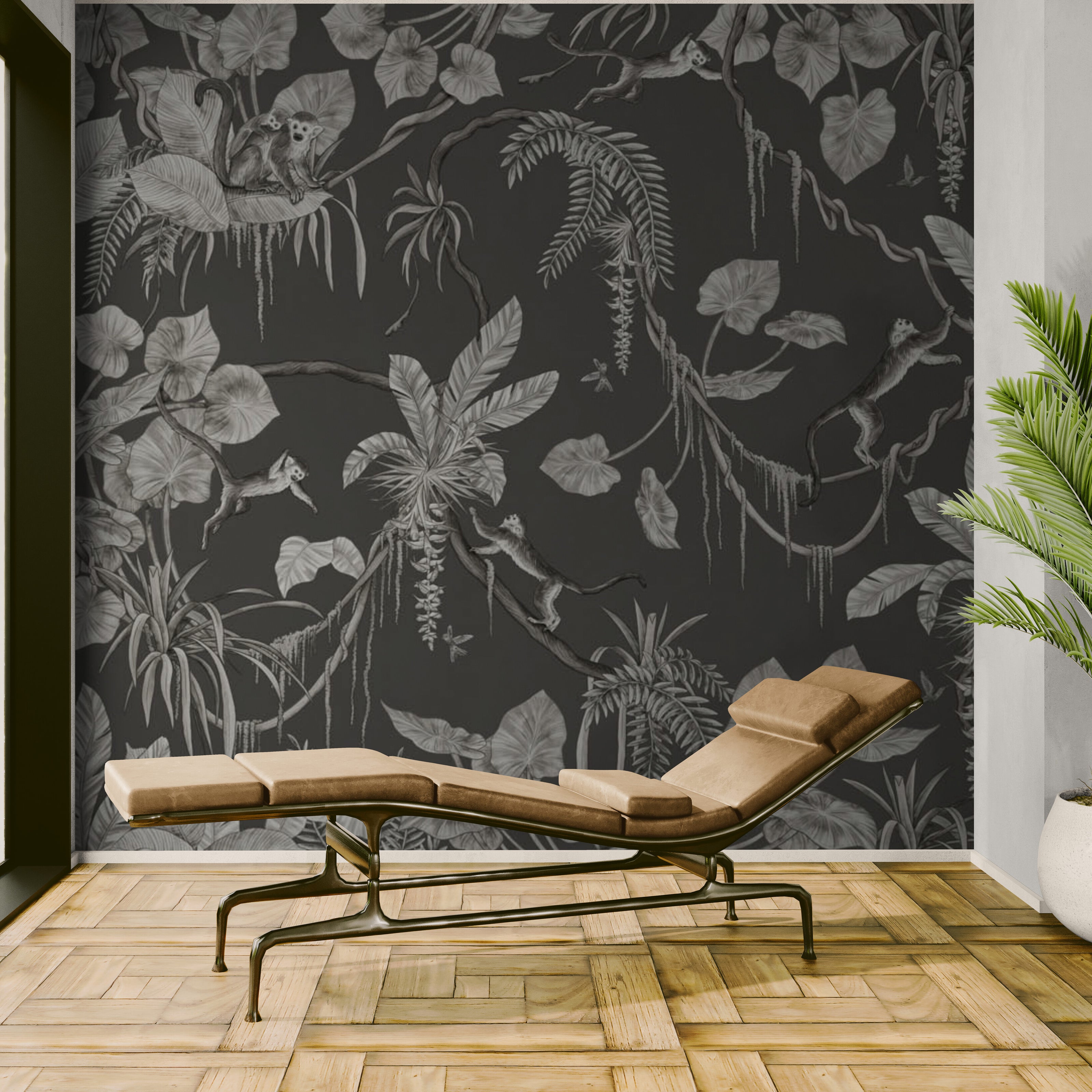 GDSE3152 Playful Monkey Wallpaper Premium Peel and Stick Material 26in Wide x 6ft, 9 ft, 12ft, Monochrome Black