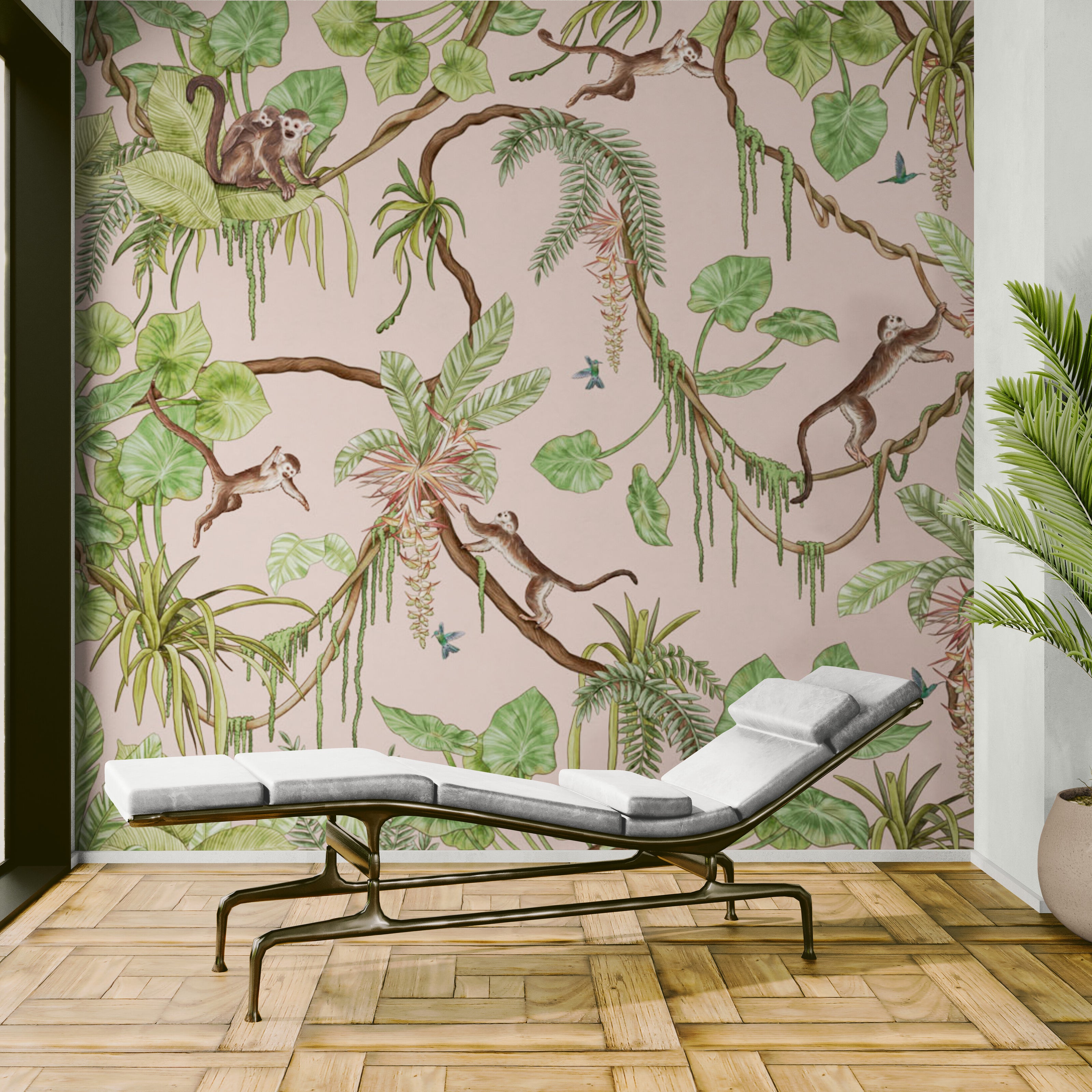 GDSE3156 Playful Monkey Wallpaper Premium Peel and Stick Material 26in Wide x 6ft, 9 ft, 12ft, Pink