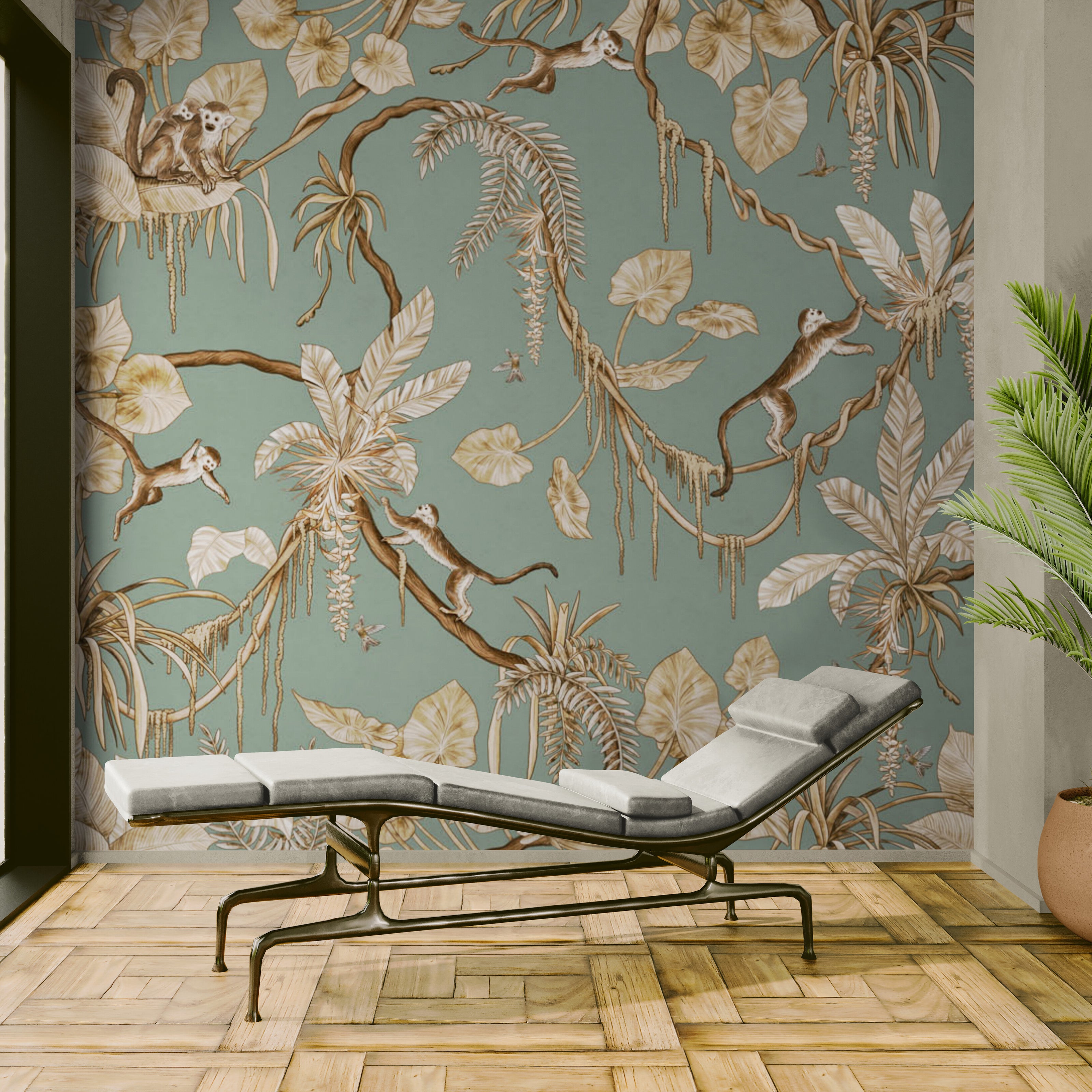 GDSE3160 Playful Monkey Wallpaper Premium Peel and Stick Material 26in Wide x 6ft, 9 ft, 12ft, Vintage Green