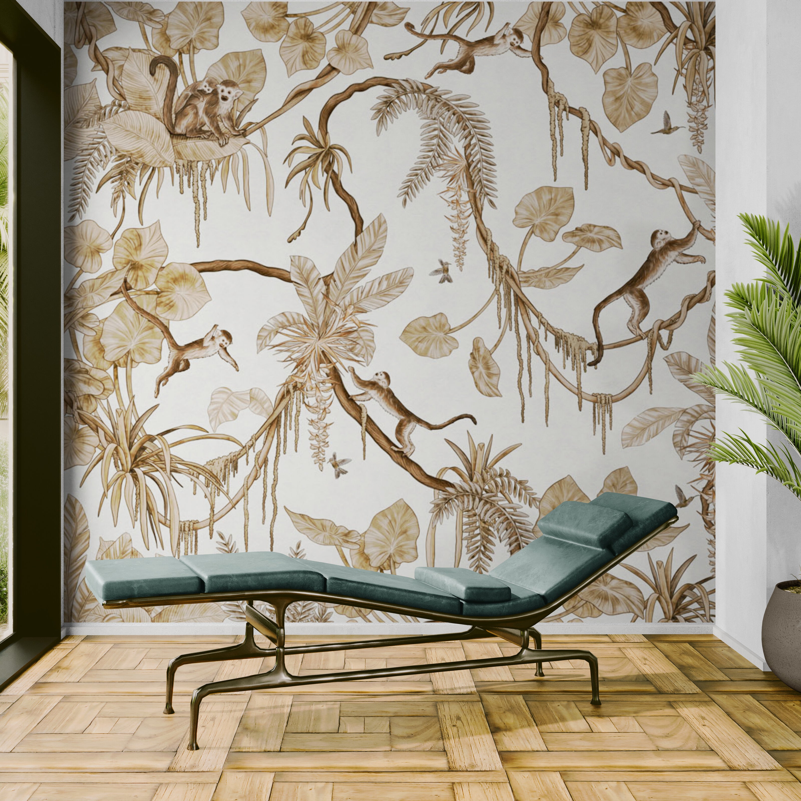 GDSE3162 Playful Monkey Wallpaper Premium Peel and Stick Material 26in Wide x 6ft, 9 ft, 12ft, White