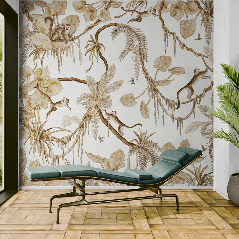 GDSE3162 Playful Monkey Wallpaper Premium Peel and Stick Material 26in Wide x 6ft, 9 ft, 12ft, White