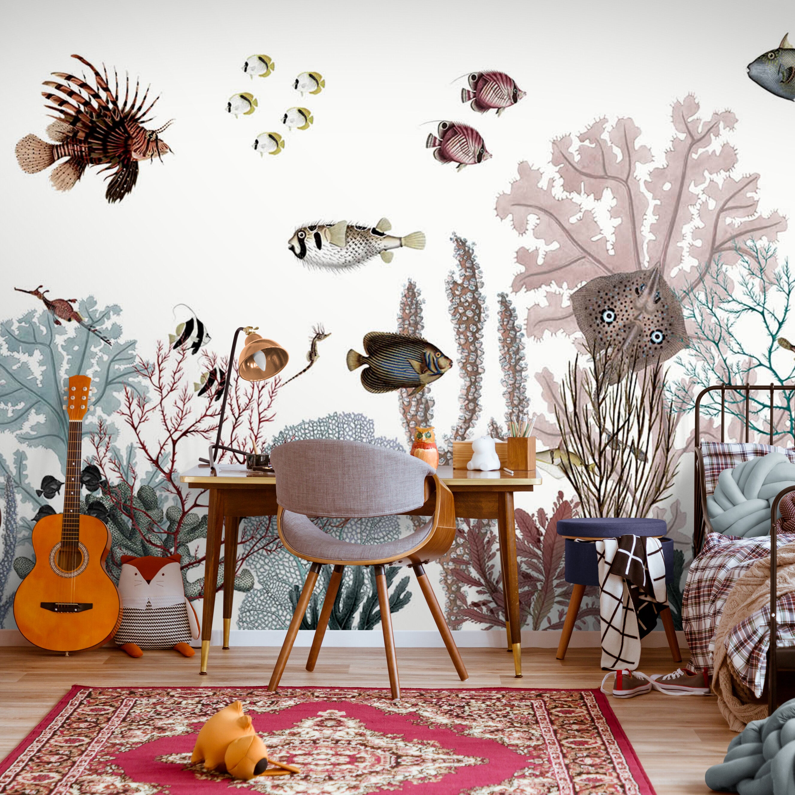 GDSE3131 Roaring Reef Wallpaper Premium Peel and Stick Material 26in Wide x 6ft, 9 ft, 12ft, White