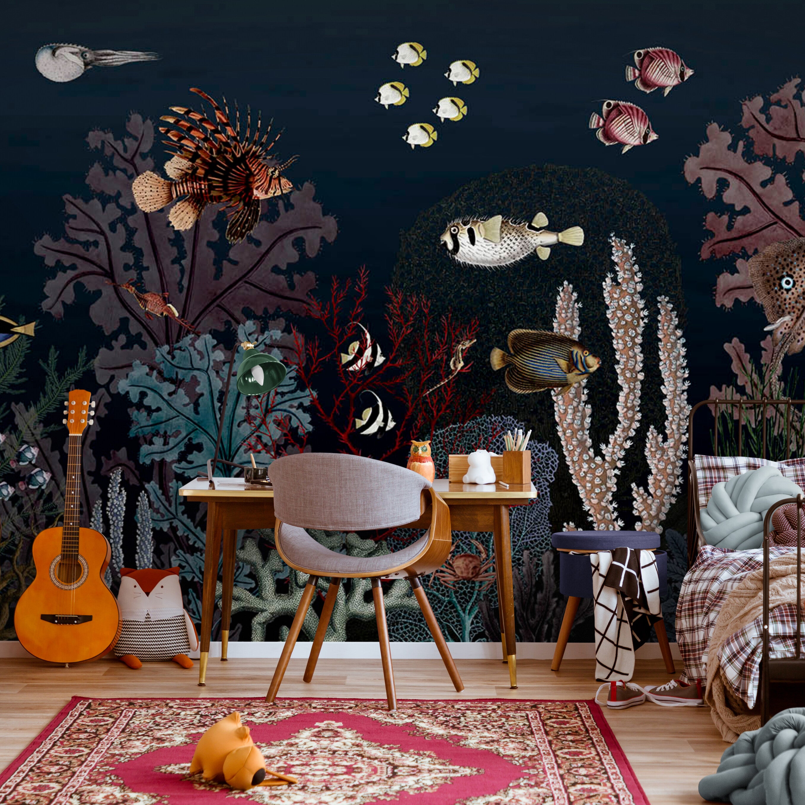 GDSE3130 Roaring Reef Wallpaper Premium Peel and Stick Material 26in Wide x 6ft, 9 ft, 12ft, Dark Blue